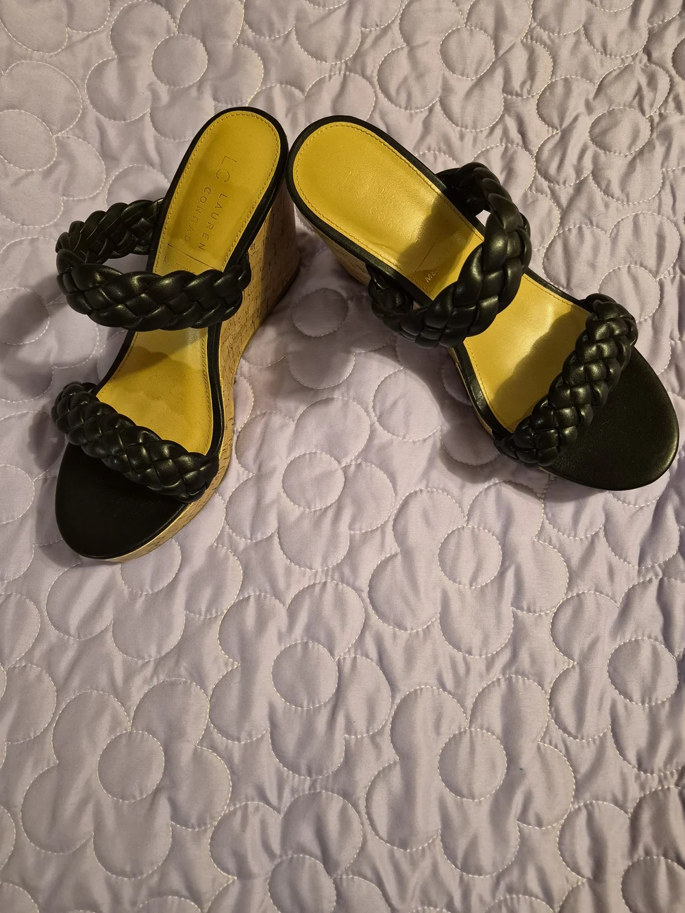 LC Lauren Conrad Black Braided Platform Wedge Sandals with Yellow Insole